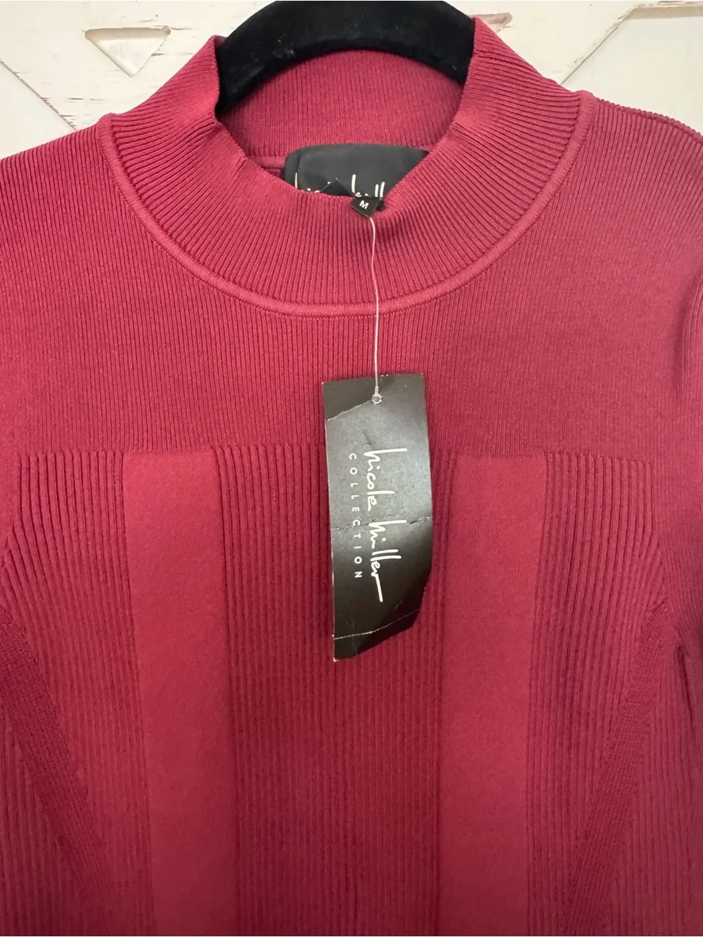 NWT Nicole Miller Rib-Knit Long Sleeve Ruffle Hem Dress - Burgundy